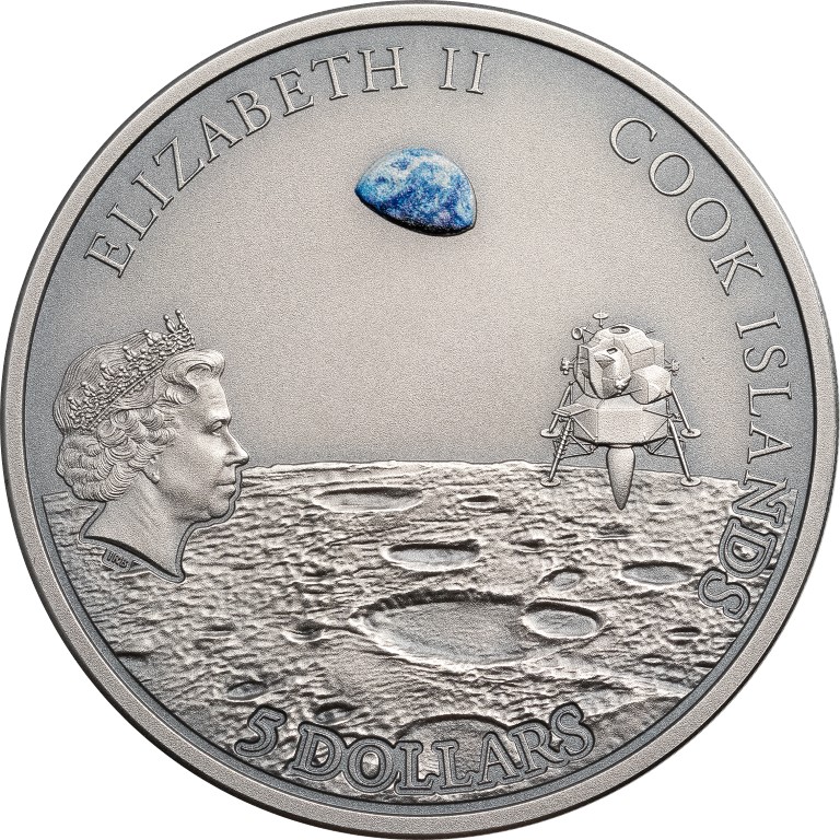 Cook Islands 2019 5 Dollars Moon Landing 1969 Footprint with Meteorite Silver Coin