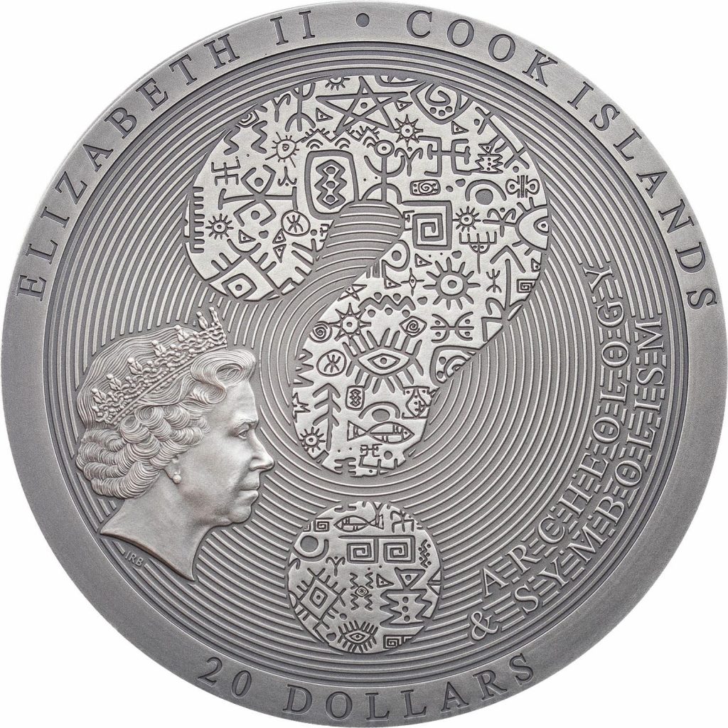 Cook Islands 2021 20 Dollars Aztec Coyolxauhqui Stone Antiqued - Archeology & Symbolism silver coin