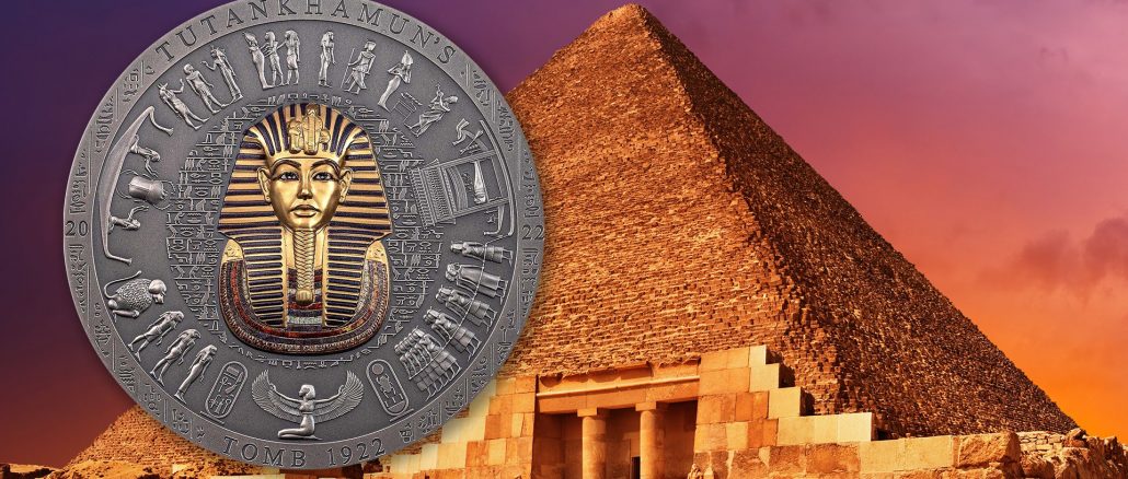 Cook Islands 2022 20 Dollars Tutankhamun's Tomb 1922 Archeology Symbolism Series Silver Coin Antiqued with partial gilding and color