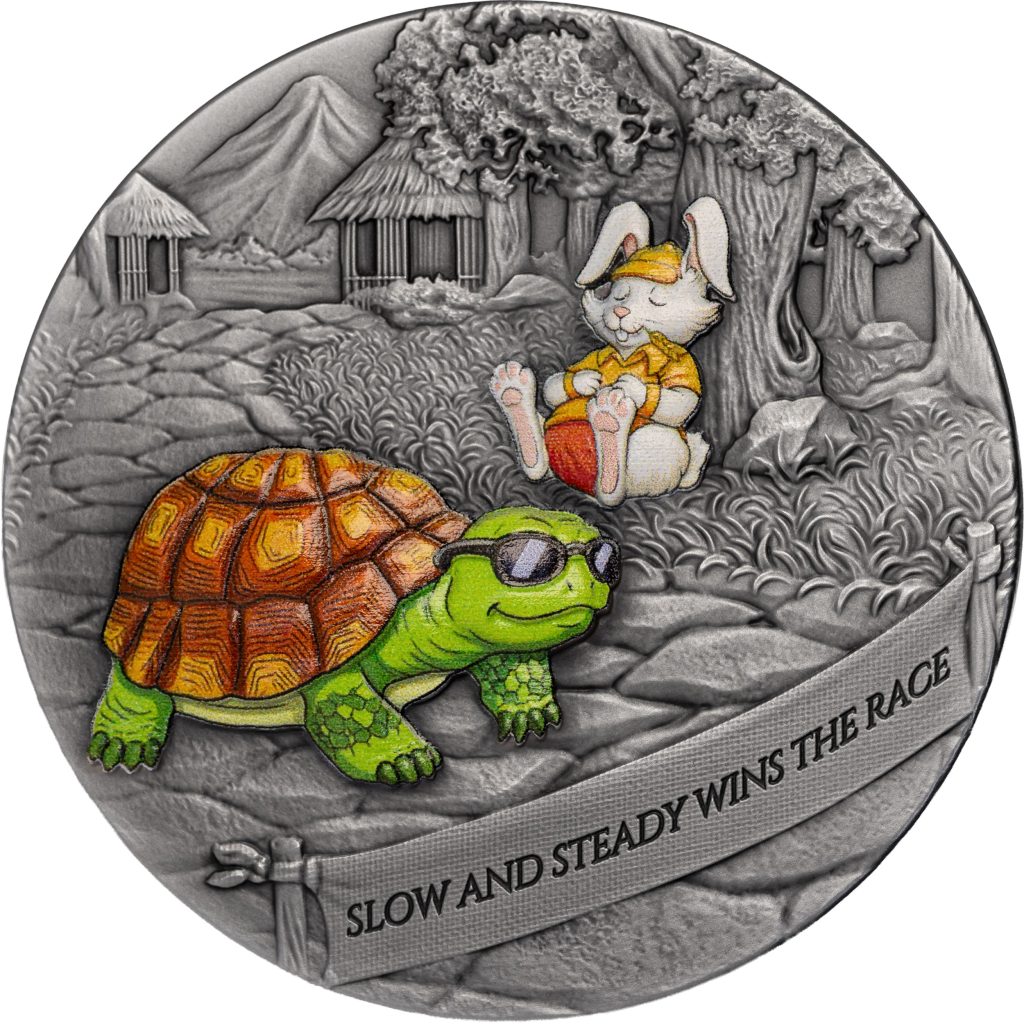 The Tortoise and the Hare - Slow and steady wins the race Antiqued 2oz Silver Coin Cameroon 2026 2000 Francs Fables & Proverbs series