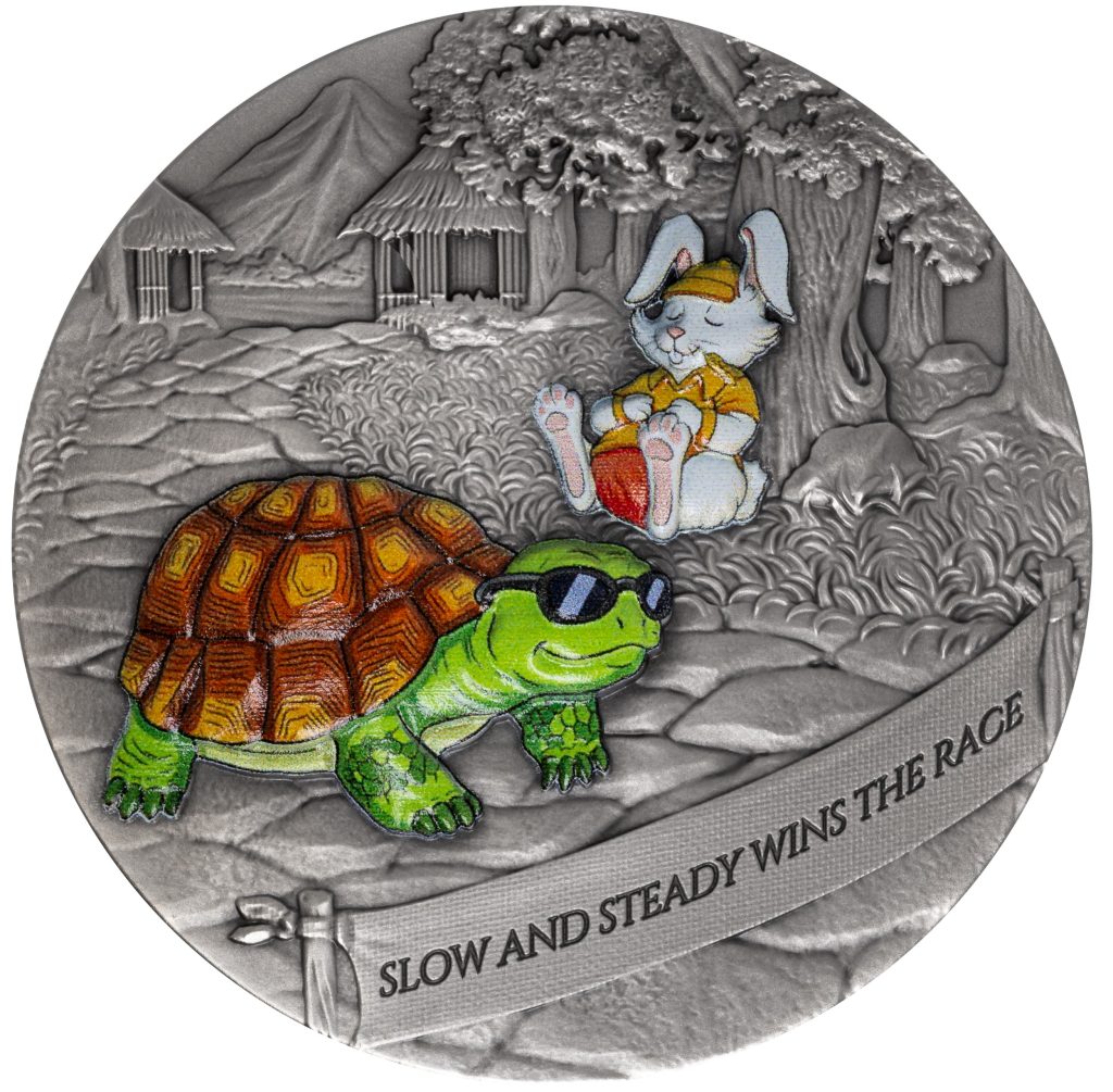 The Tortoise and the Hare - Slow and steady wins the race Antiqued 2oz Silver Coin Cameroon 2026 2000 Francs Fables & Proverbs series