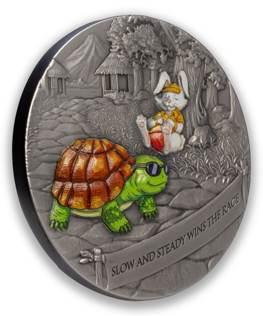 The Tortoise and the Hare - Slow and steady wins the race Antiqued 2oz Silver Coin Cameroon 2026 2000 Francs Fables & Proverbs series