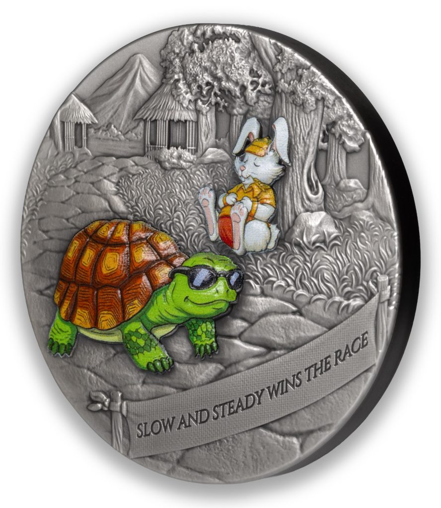 The Tortoise and the Hare - Slow and steady wins the race Antiqued 2oz Silver Coin Cameroon 2026 2000 Francs Fables & Proverbs series