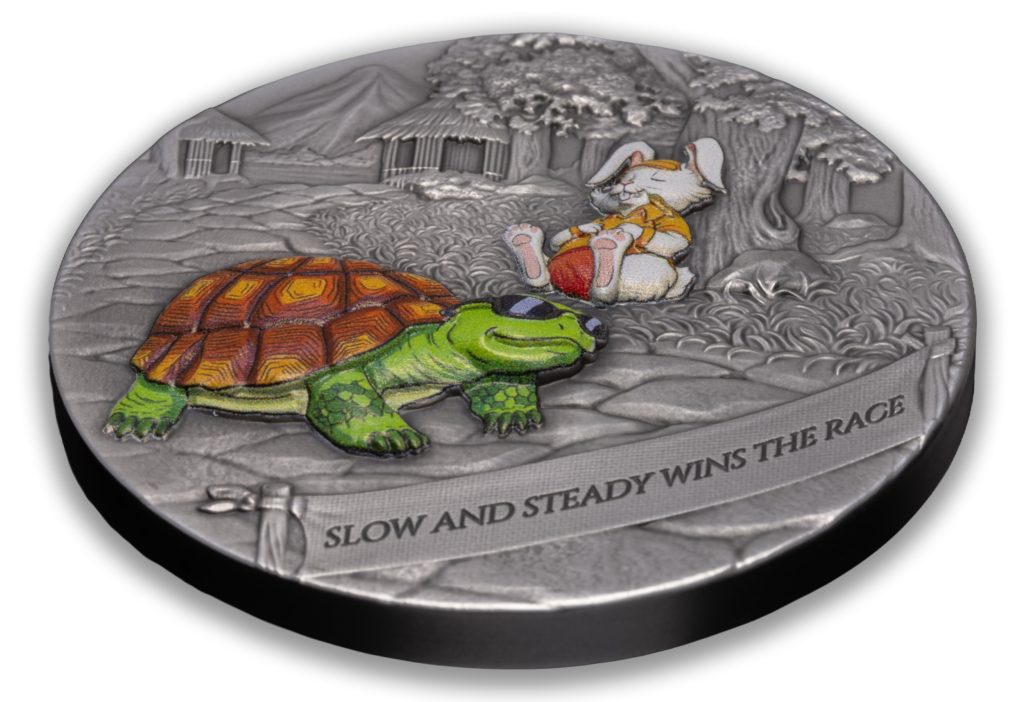 The Tortoise and the Hare - Slow and steady wins the race Antiqued 2oz Silver Coin Cameroon 2026 2000 Francs Fables & Proverbs series