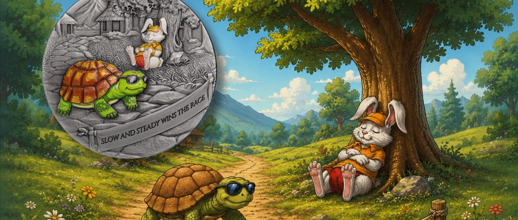The Tortoise and the Hare - Slow and steady wins the race Antiqued 2oz Silver Coin Cameroon 2026 2000 Francs Fables & Proverbs series