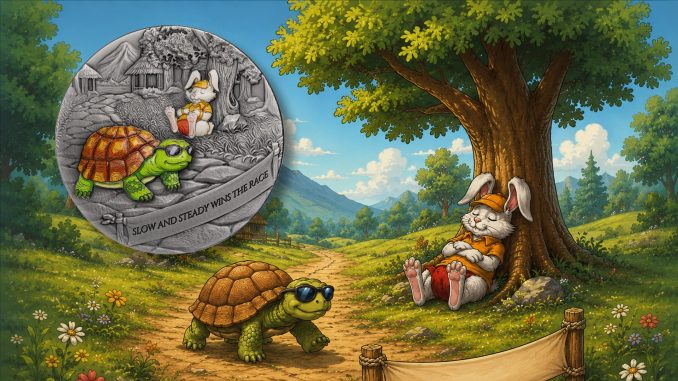 The Tortoise and the Hare - Slow and steady wins the race Antiqued 2oz Silver Coin Cameroon 2026 2000 Francs Fables & Proverbs series