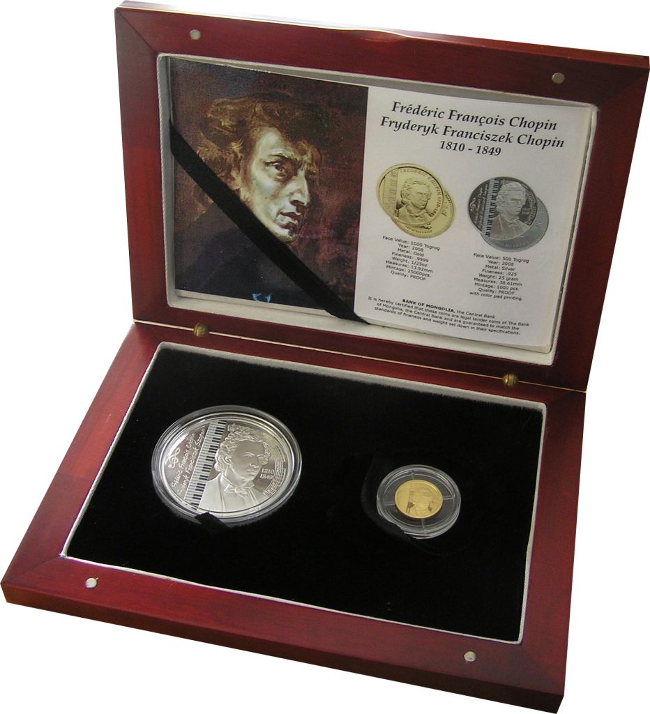 Mongolia 2008 1000 Togrog Frederic Chopin Silver Coin