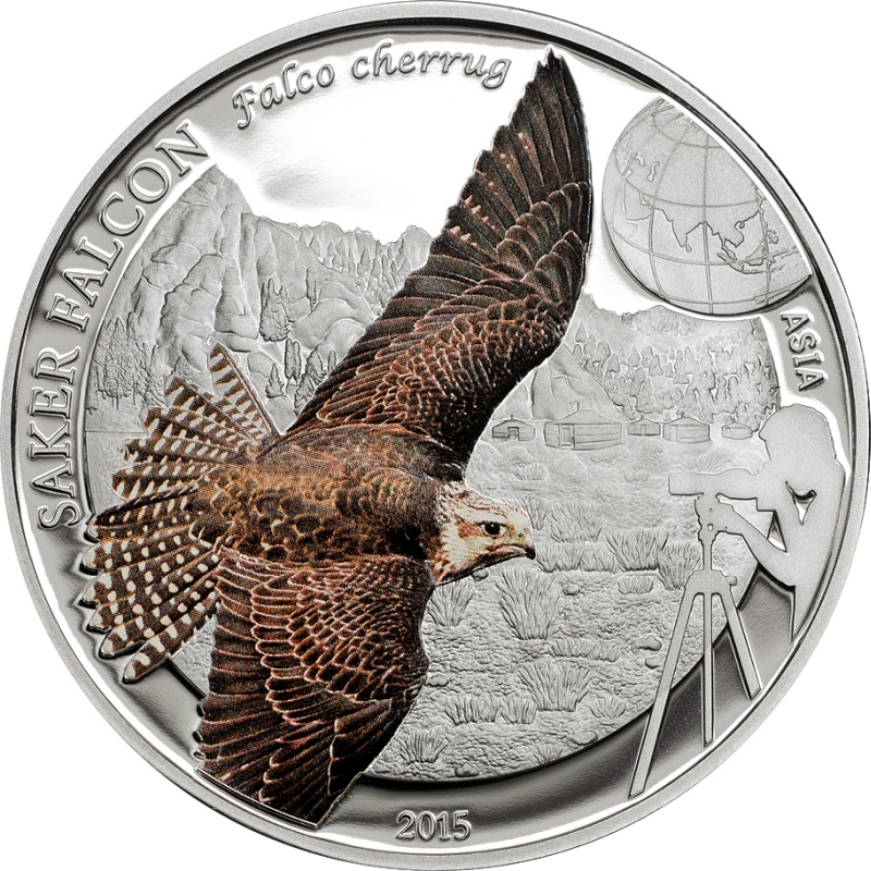 Mongolia 2015 250 Tugrik Saker Falcon Silver Coin