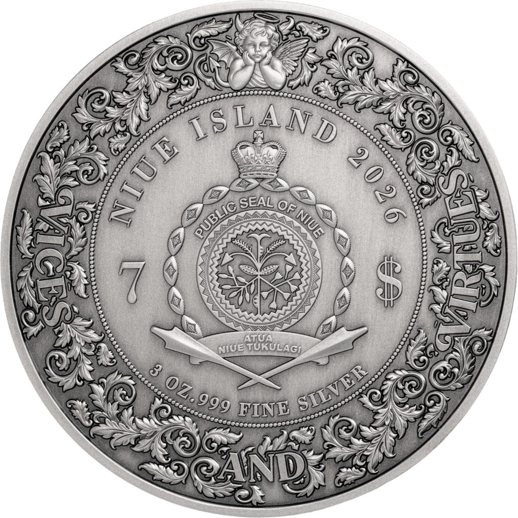 Lust vs Chastity 3oz UHR - Seven Sins vs Virtues - Niue 2026 3oz Pure Silver Antiqued coin