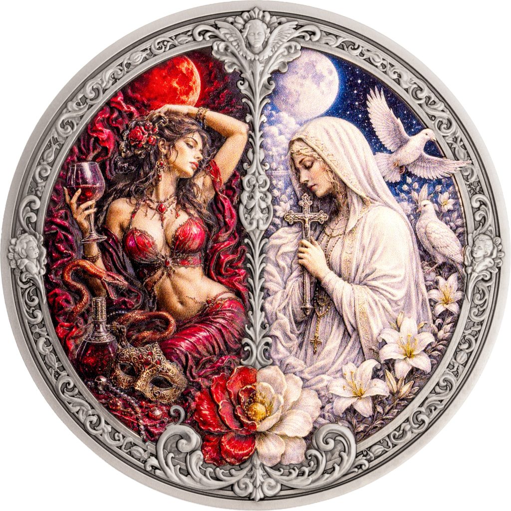 Lust vs Chastity 3oz UHR - Seven Sins vs Virtues - Niue 2026 3oz Pure Silver Antiqued coin