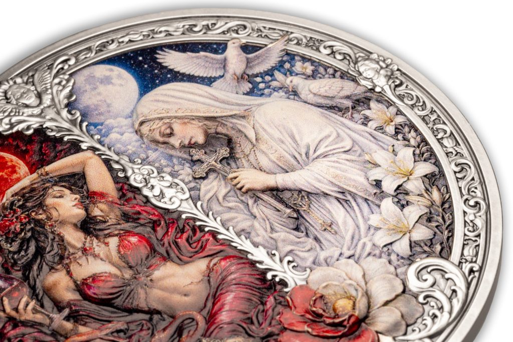 Lust vs Chastity 3oz UHR - Seven Sins vs Virtues - Niue 2026 3oz Pure Silver Antiqued coin