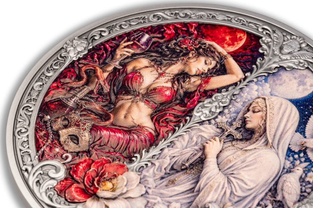 Lust vs Chastity 3oz UHR - Seven Sins vs Virtues - Niue 2026 3oz Pure Silver Antiqued coin