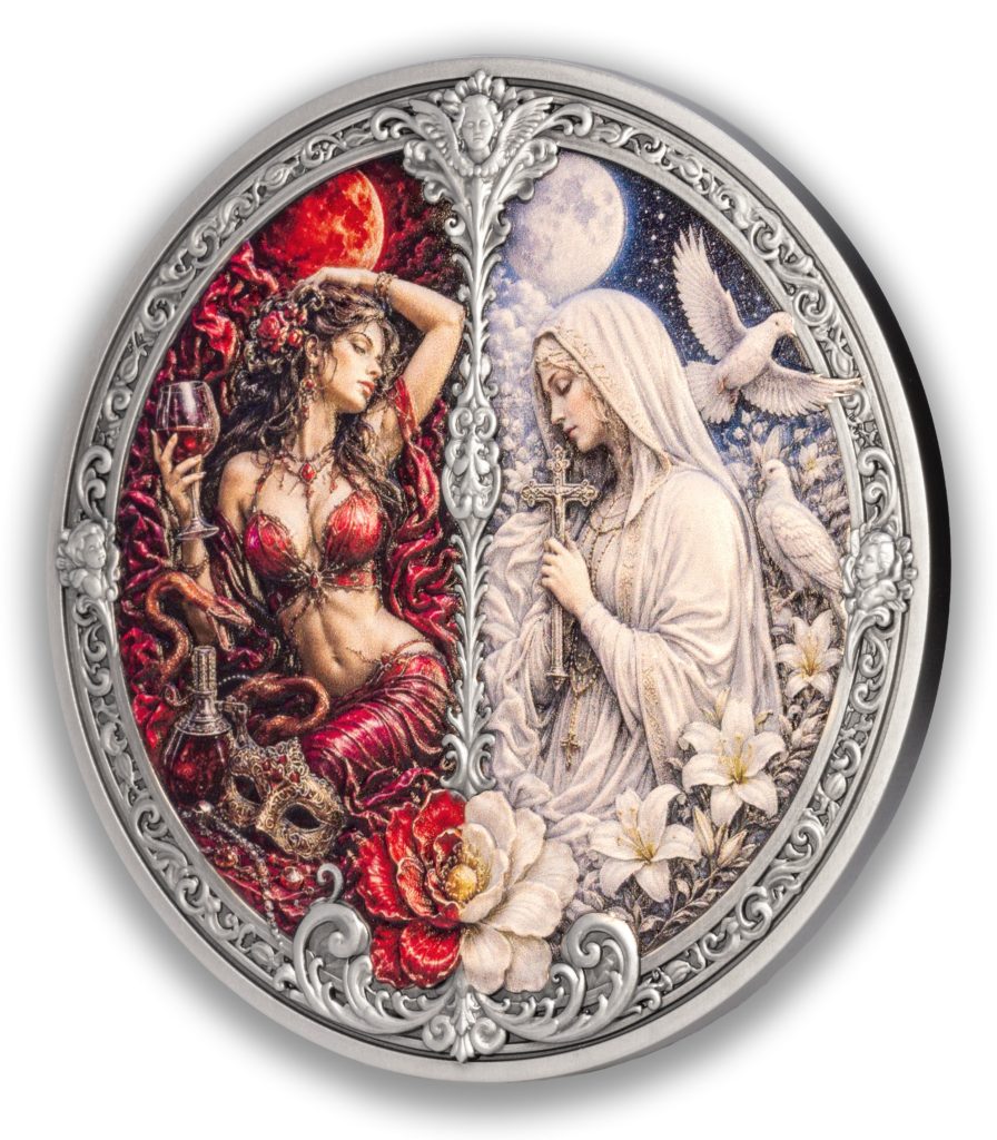 Lust vs Chastity 3oz UHR - Seven Sins vs Virtues - Niue 2026 3oz Pure Silver Antiqued coin