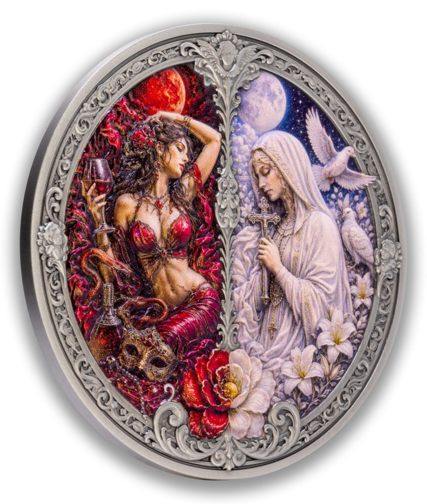 Lust vs Chastity 3oz UHR - Seven Sins vs Virtues - Niue 2026 3oz Pure Silver Antiqued coin