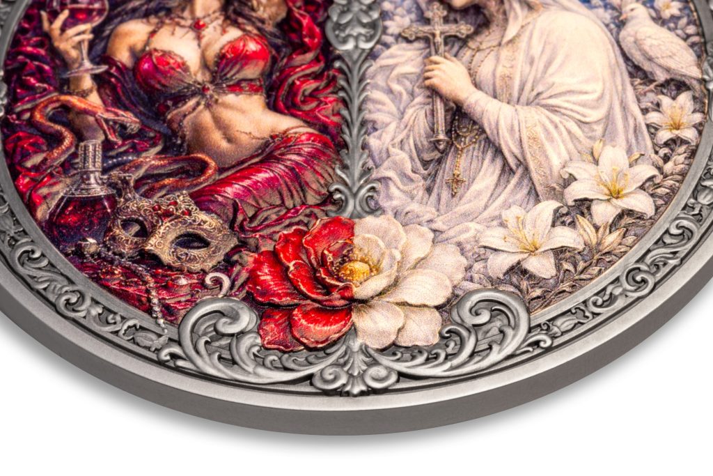 Lust vs Chastity 3oz UHR - Seven Sins vs Virtues - Niue 2026 3oz Pure Silver Antiqued coin
