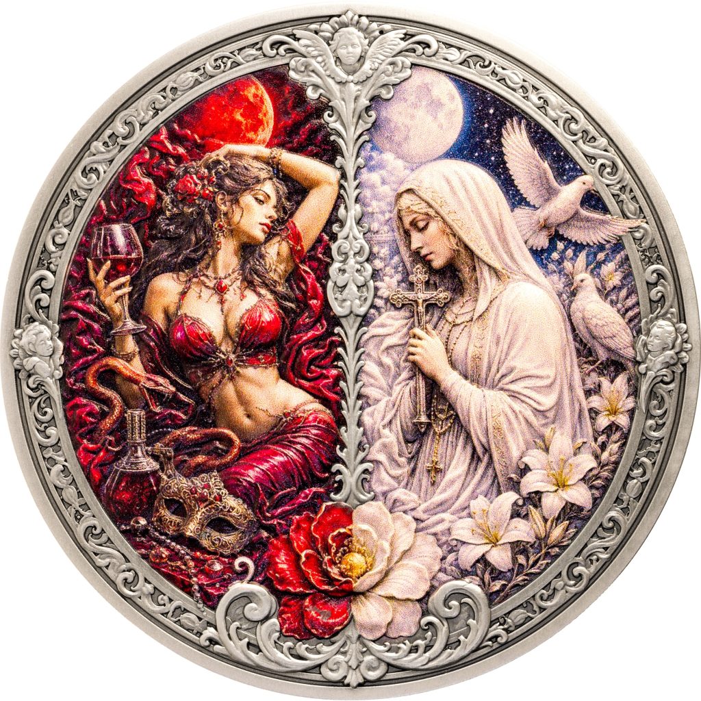 Lust vs Chastity 3oz UHR - Seven Sins vs Virtues - Niue 2026 3oz Pure Silver Antiqued coin