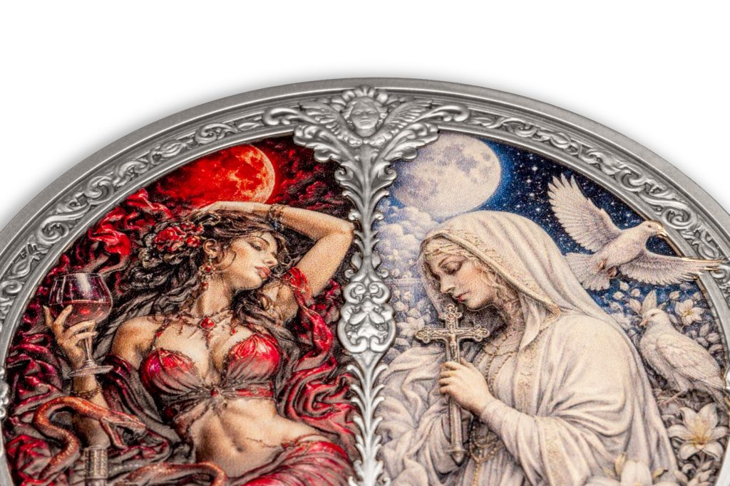 Lust vs Chastity 3oz UHR - Seven Sins vs Virtues - Niue 2026 3oz Pure Silver Antiqued coin