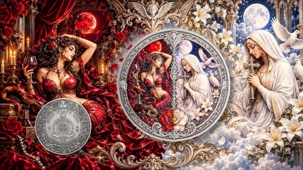 Lust vs Chastity 3oz UHR - Seven Sins vs Virtues - Niue 2026 3oz Pure Silver Antiqued coin