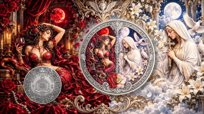 Lust vs Chastity 3oz UHR - Seven Sins vs Virtues - Niue 2026 3oz Pure Silver Antiqued coin