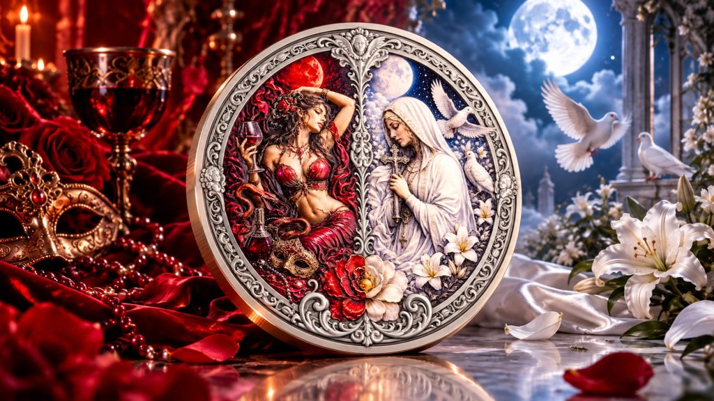 Lust vs Chastity 3oz UHR - Seven Sins vs Virtues - Niue 2026 3oz Pure Silver Antiqued coin